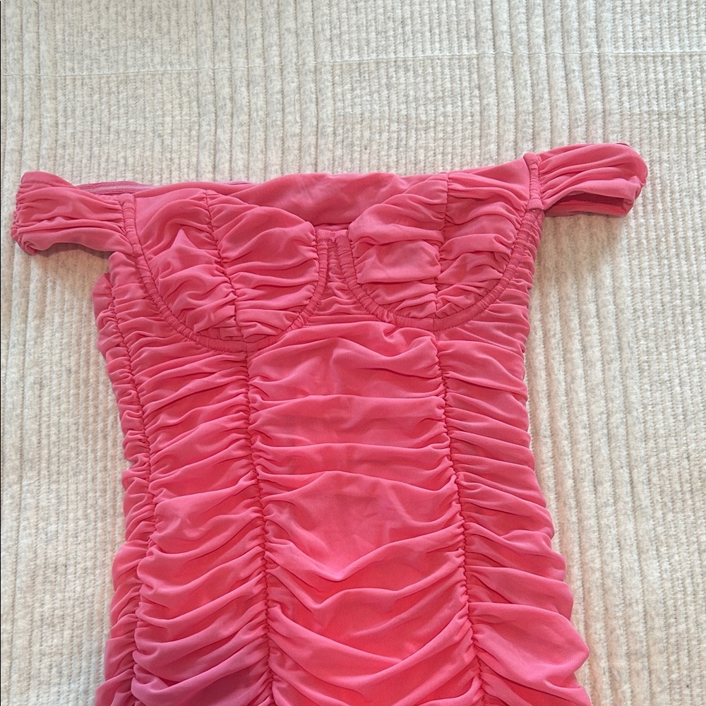 MAJORELLE Pink Ruched Midi Dress